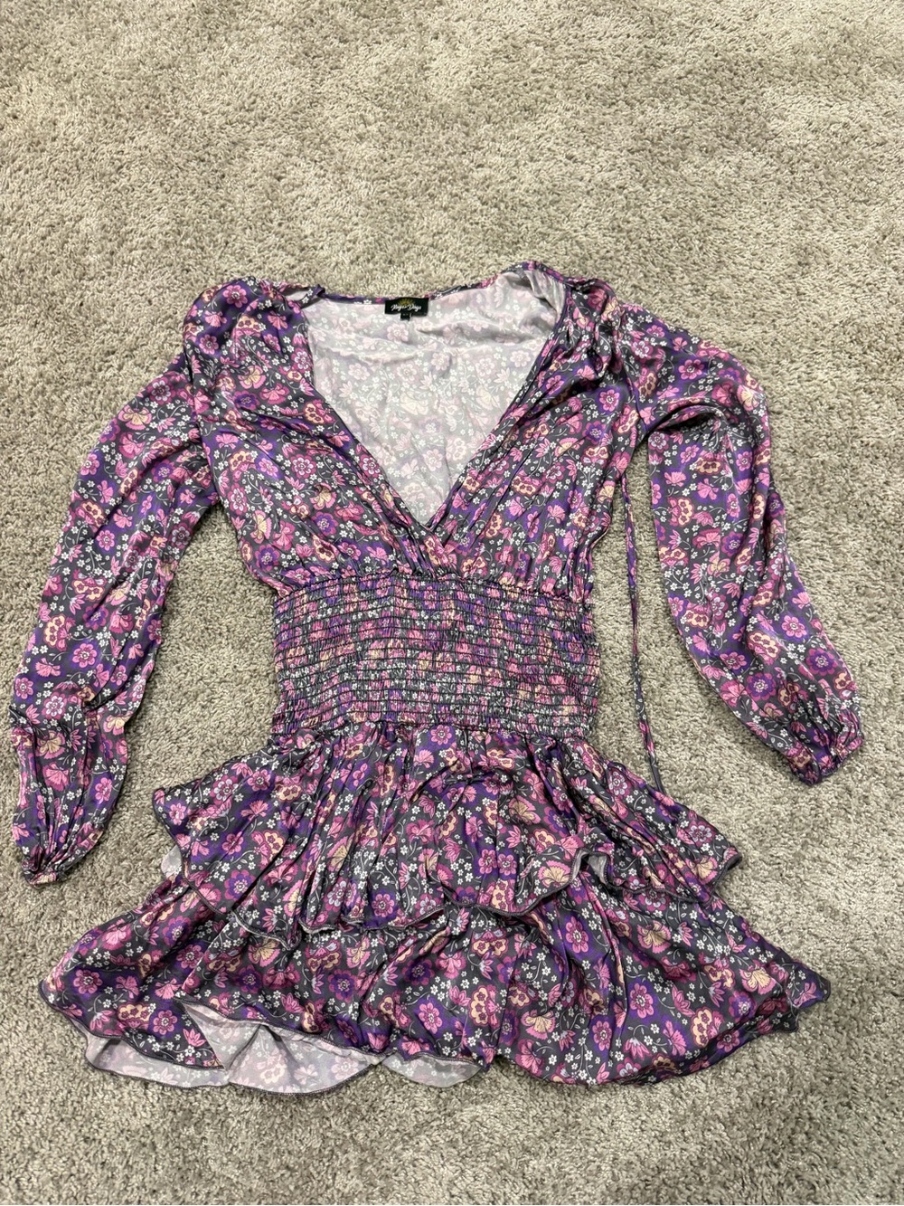Women's Floral Smocked Waist Purple V-Neck Top